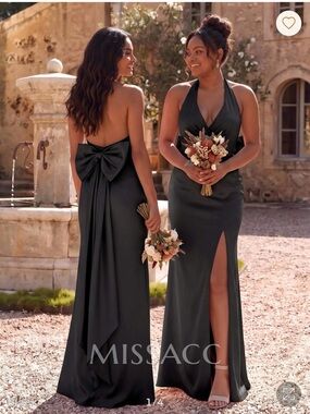 MissAcc Black Halter Bridesmaid Dress with Back Bow and Side Slit